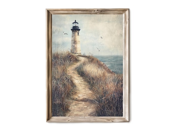 Vintage Lighthouse On Coastal Cliff Trail Seaside Painting Poster
