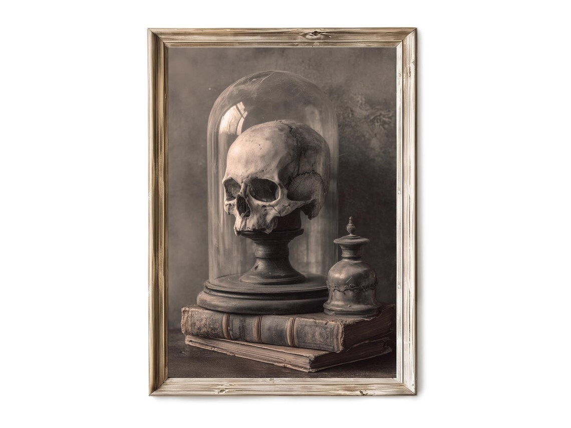 Skull in Glass Dome on Books Vintage Dark Academia Wall Poster