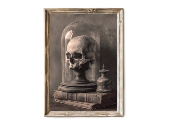Halloween Wall Art Decor Skull In Glass Dome Still Life Vintage Curiosity Scene Gothic Haunted Artwork 290