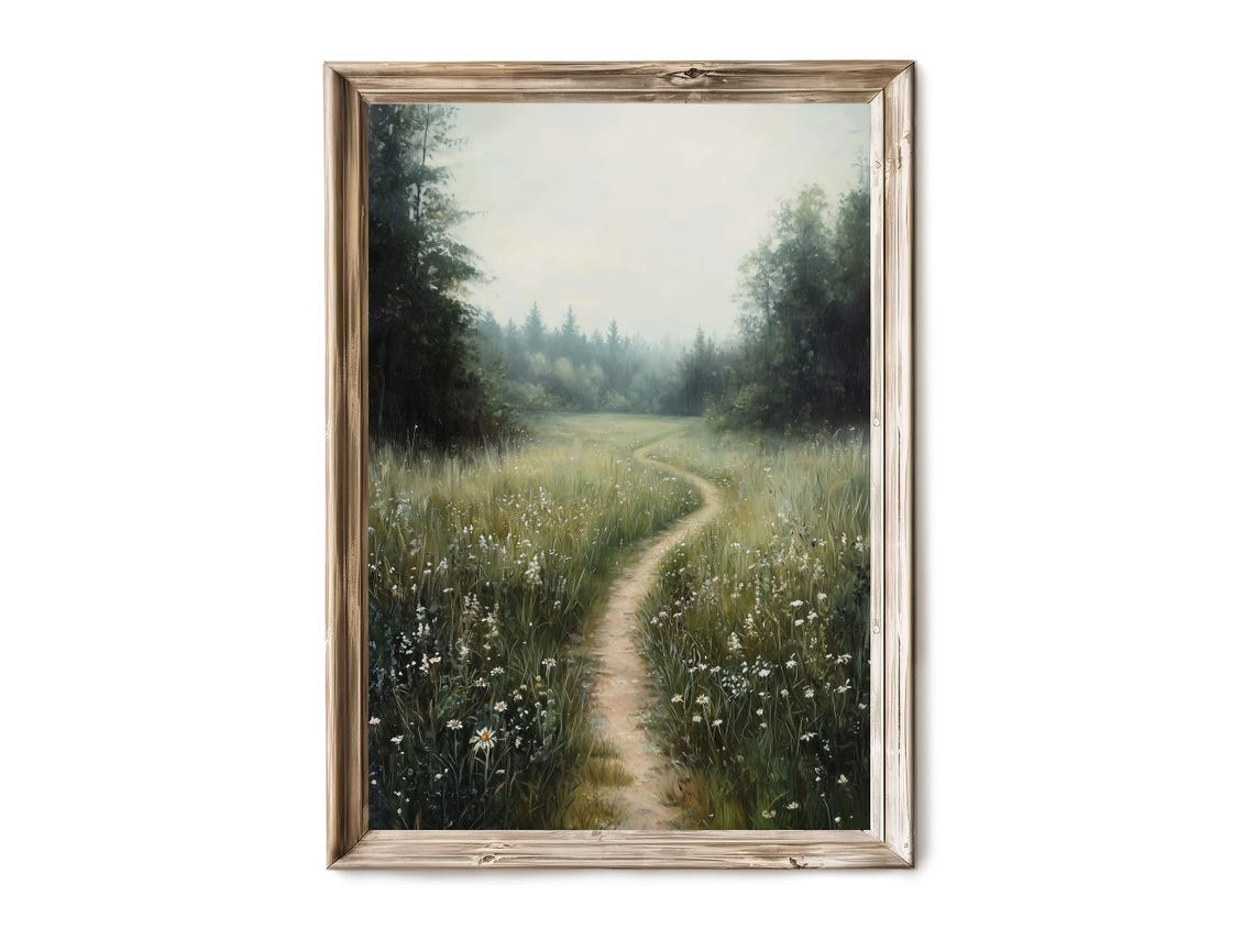 Misty Forest Path Wildflower Meadow Foggy Woods Rustic Cabin Wall Art