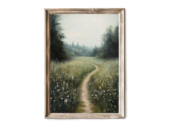 Misty Forest Path Wildflower Meadow Foggy Woods Rustic Cabin Wall Art
