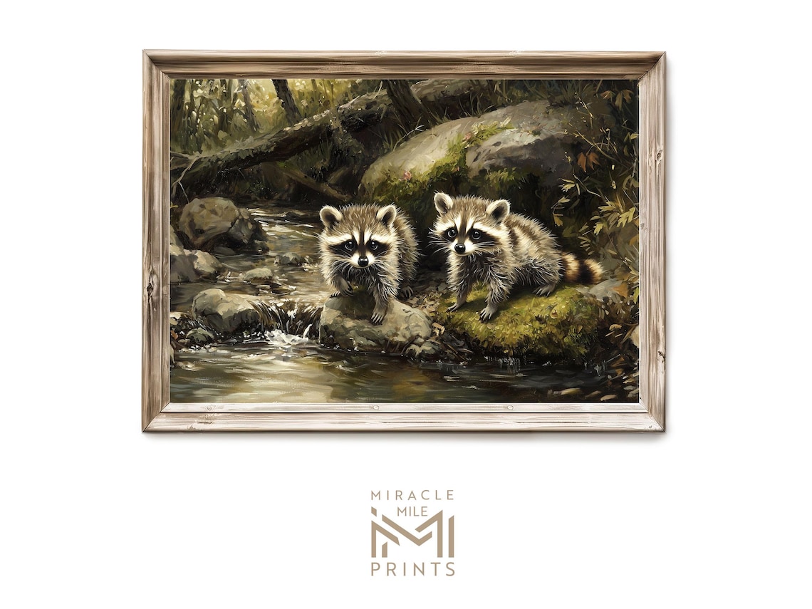 Vintage Raccoon Art Print, Rustic Forest Animal