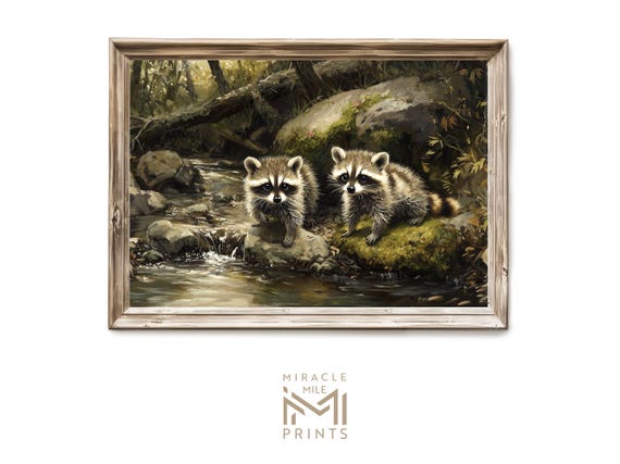 Vintage Raccoon Art Print, Rustic Forest Animal