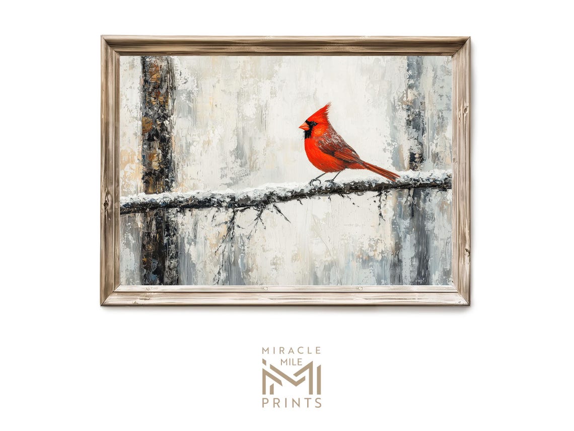 Red Cardinal Snowy Branch Birch Forest Winter Rustic Painting Poster