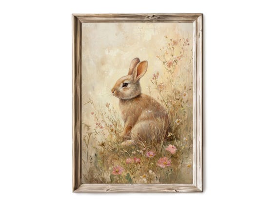 Rustic Easter Wall Art Bunny Storybook Oil Painting Desaturated Spring Decor For Nursery Farmhouse Cottage
