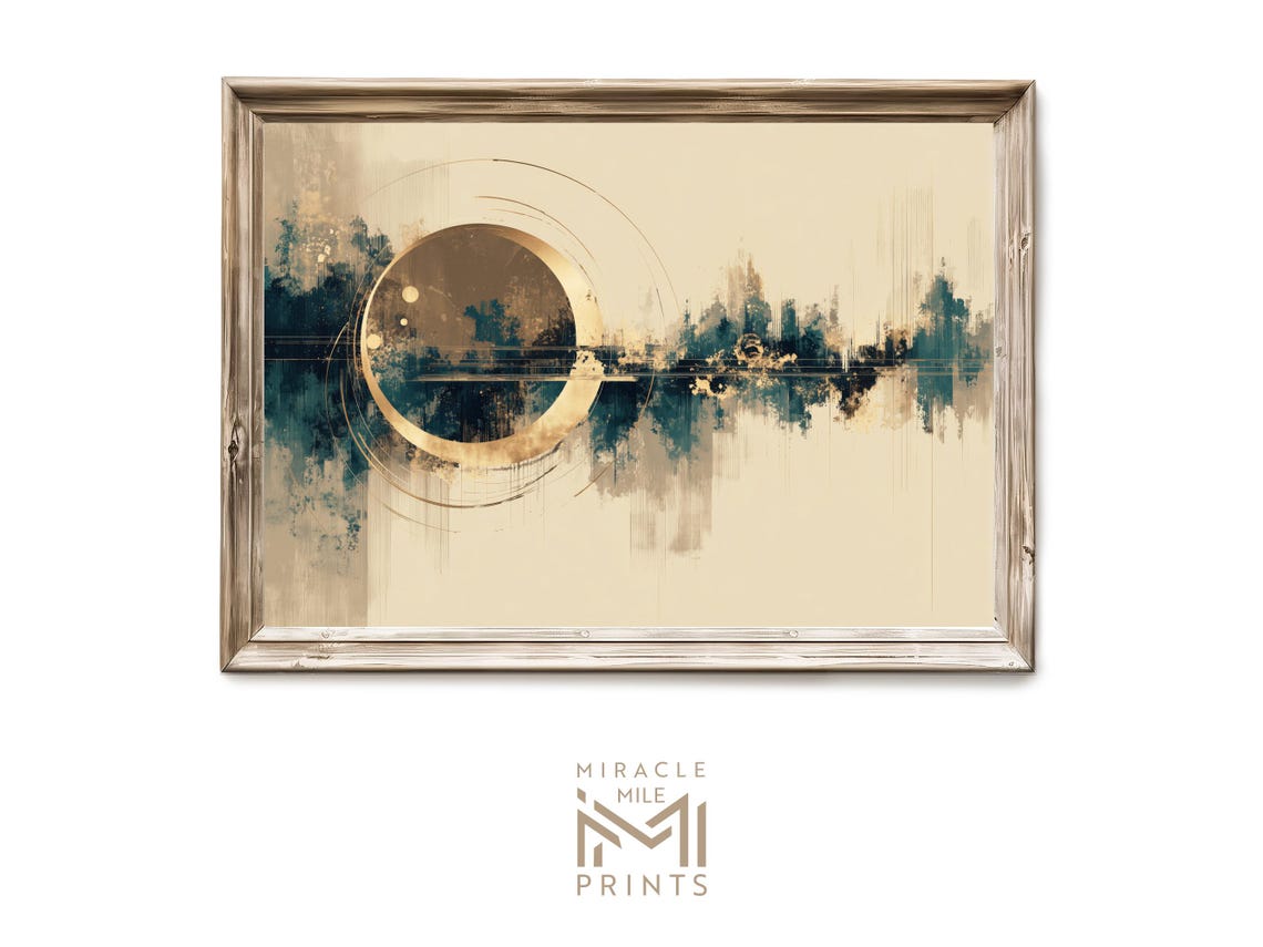 Golden Circle Teal Brushstroke Beige Abstract Minimalist Wall Art