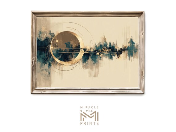 Golden Circle Teal Brushstroke Beige Abstract Minimalist Wall Art