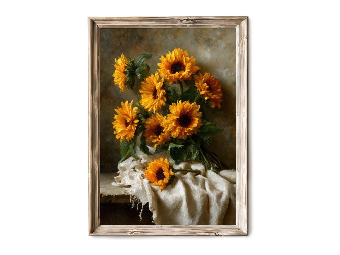 Golden Sunflower Bouquet Vintage Oil Painting Rustic Floral Print