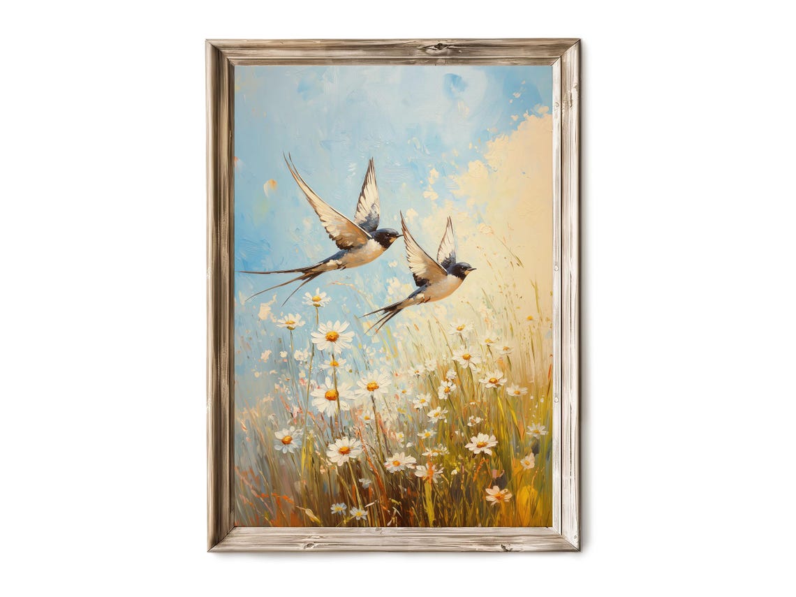 Swallows Flying Over Daisy Meadow Spring Birds Oil Painting Print