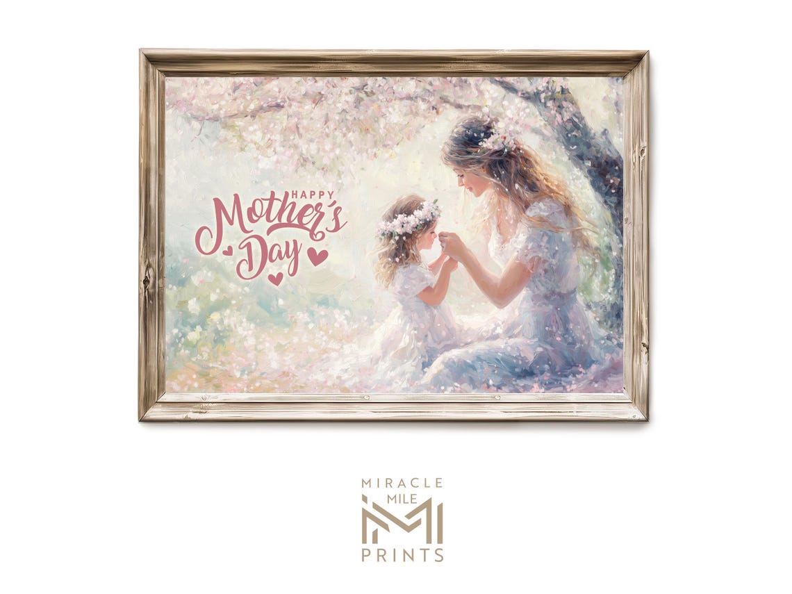 Happy Mothers Day Mother Daughter Cherry Blossom Garden Poster