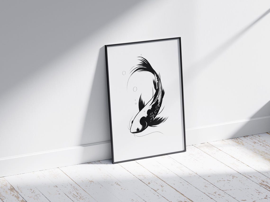 Elegant Japanese Koi Fish Black Ink Minimalist Zen Style Poster