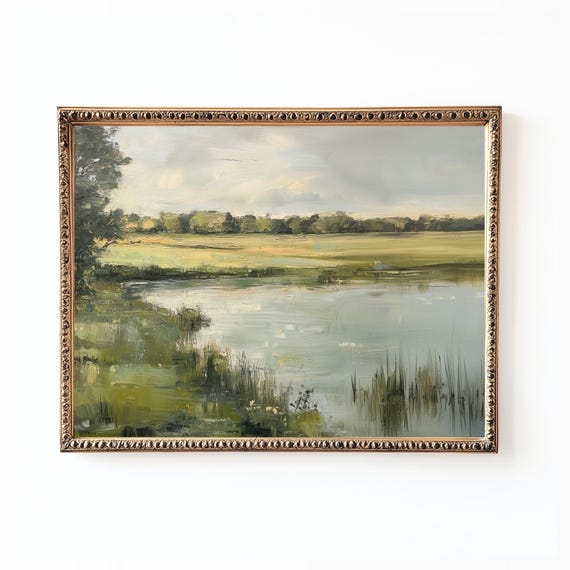 Country Meadow Lake Painting Rustic Farmhouse Art Print