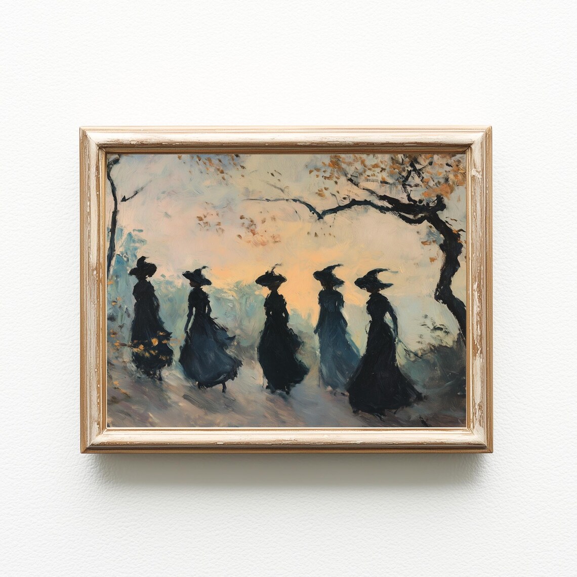 Five Witches Walking Autumn Sunset Vintage Halloween Painting Wall Art