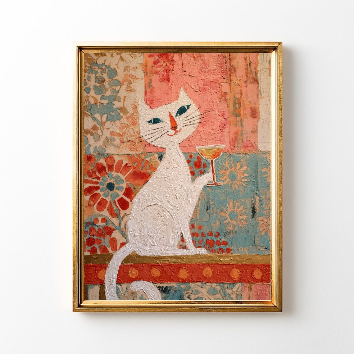 White Cat Holding Cocktail Glass Whimsical Folk Style Art Print