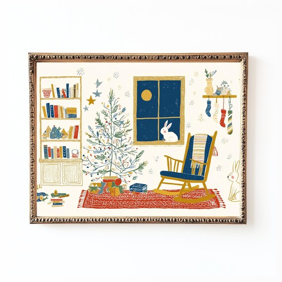 Cozy Christmas Living Room Vintage Holiday Art Print