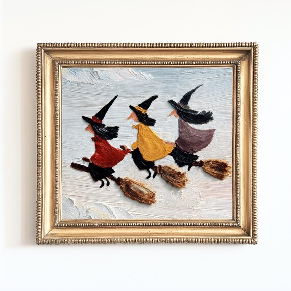 Whimsical Witches Halloween Art Print Vintage Folk Decor