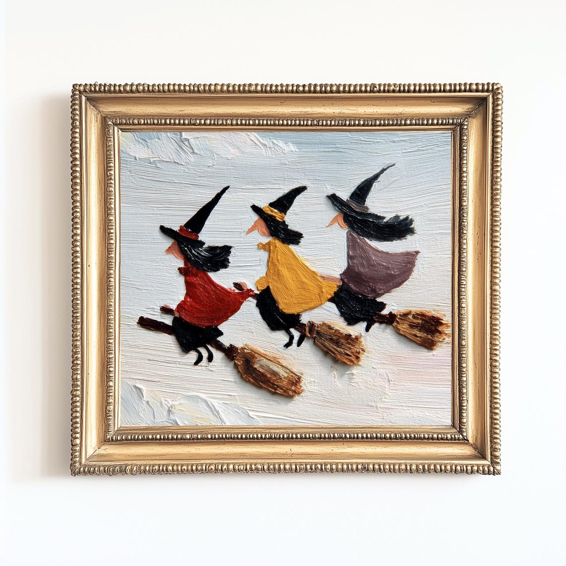 Three Witches Flying Broomsticks Impasto Texture Halloween Art Poster
