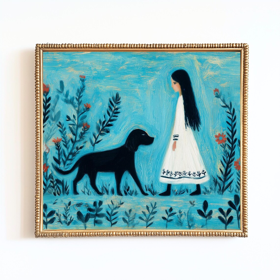 Folk Art Girl With Black Dog Turquoise Floral Field Painting Poster
