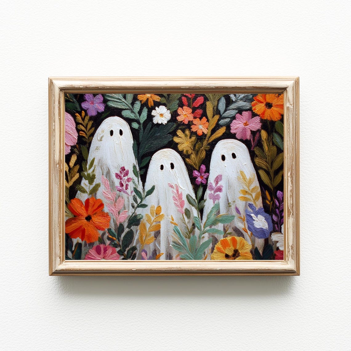 Three Cute Ghosts Among Wildflowers Folk Art Halloween Wall Art