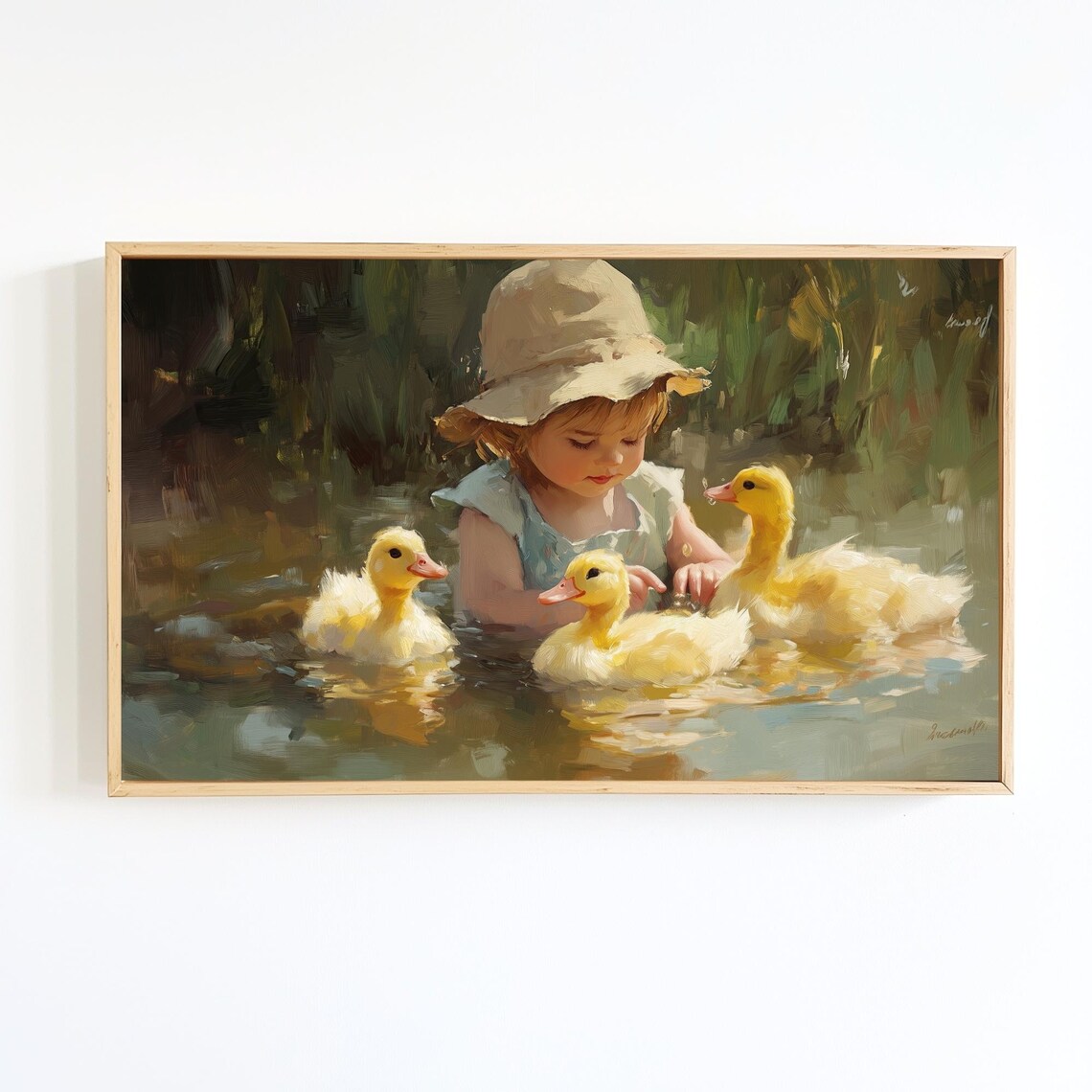 Girl With Ducklings Vintage Painting, Art Print