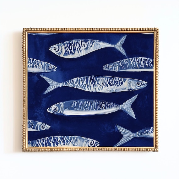 Blue Sardine Painting, Coastal Kitchen Wall Art