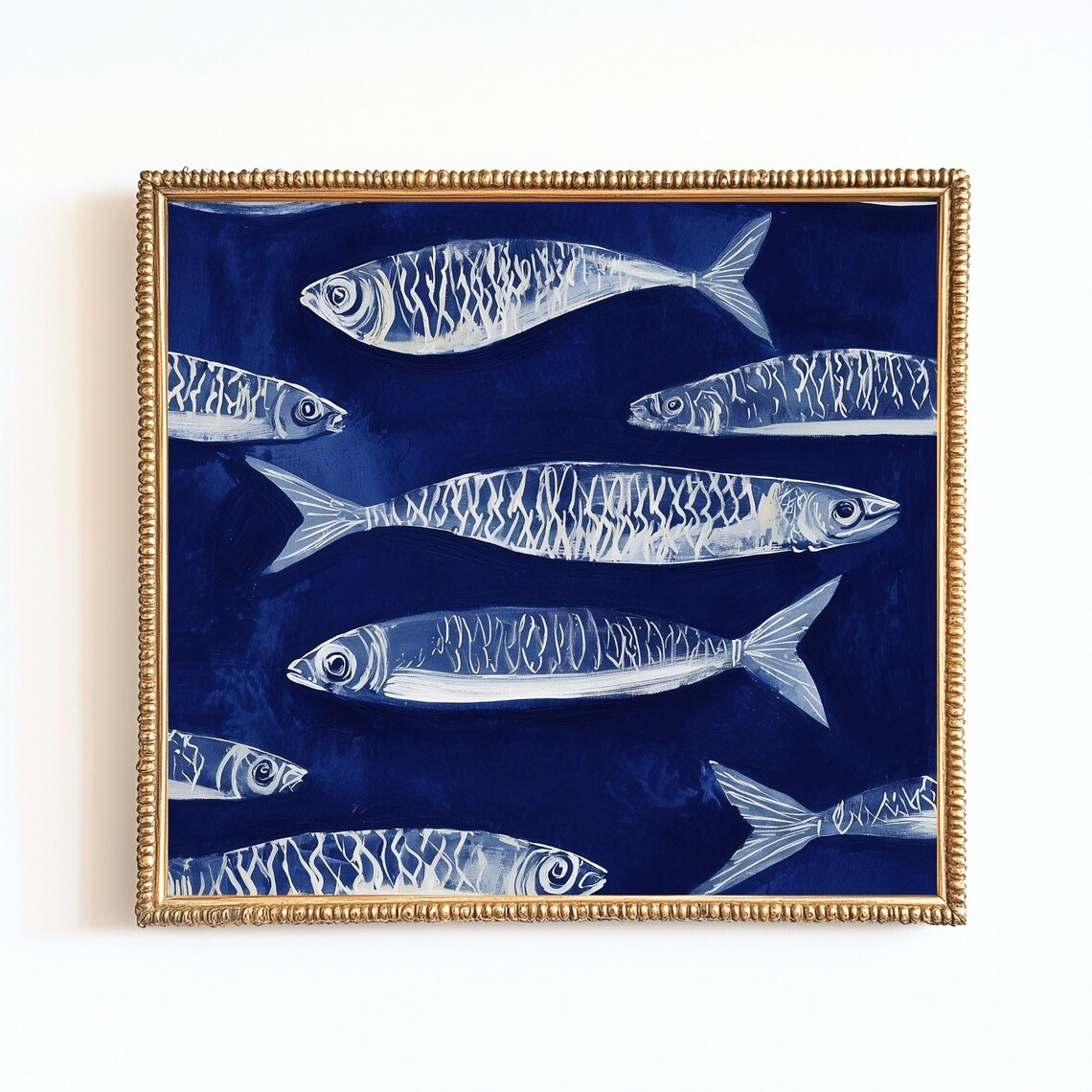 Blue Sardine Painting, Coastal Kitchen Wall Art