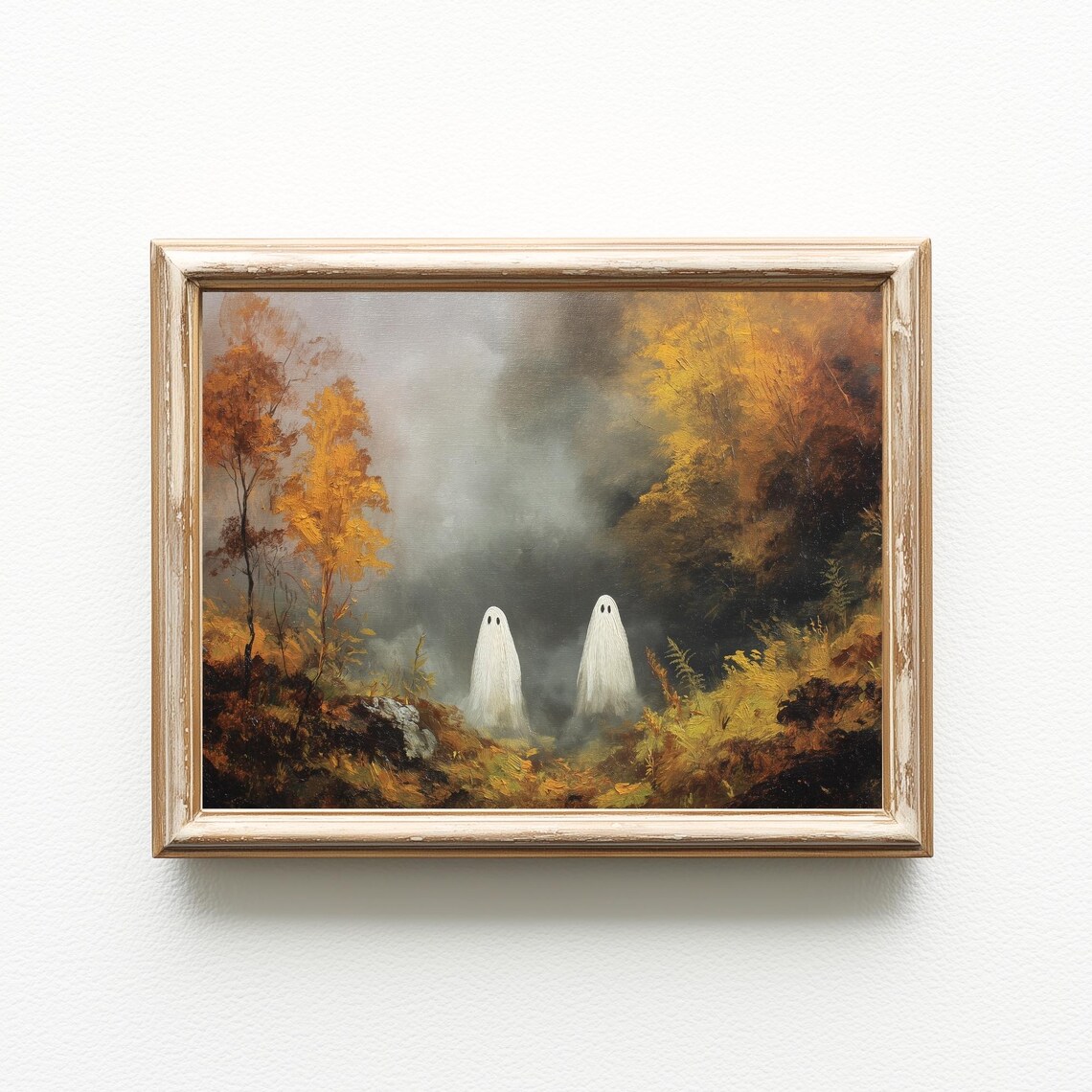 Vintage Halloween Print, Spooky Ghosts Autumn Forest