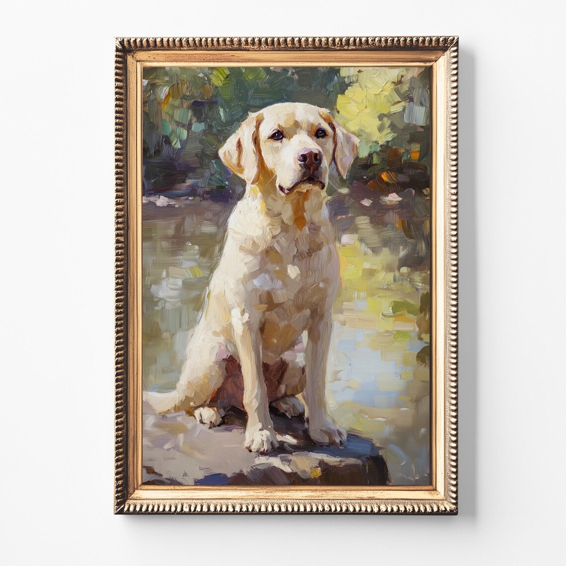 Yellow Labrador Sitting by a Misty Lakeside Pet Portrait Poster