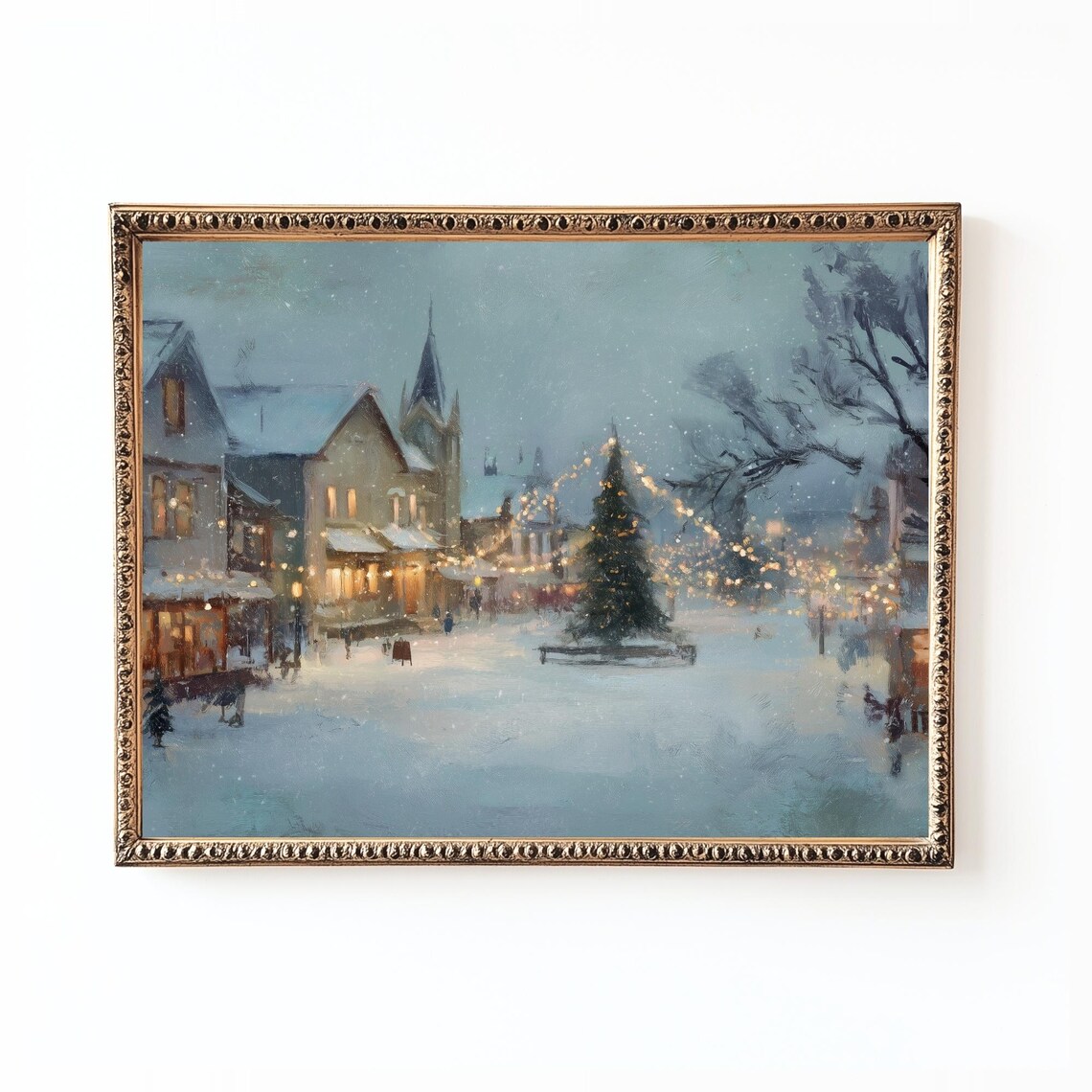 Christmas Town Poster Print, Snowy Village Holiday Lights