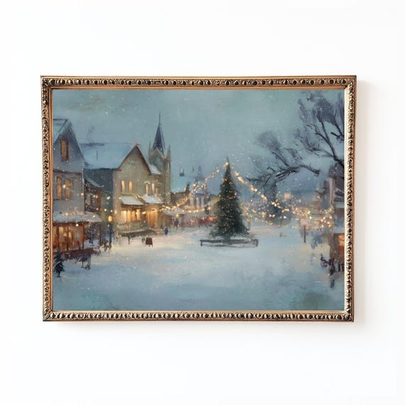 Christmas Town Poster Print, Snowy Village Holiday Lights