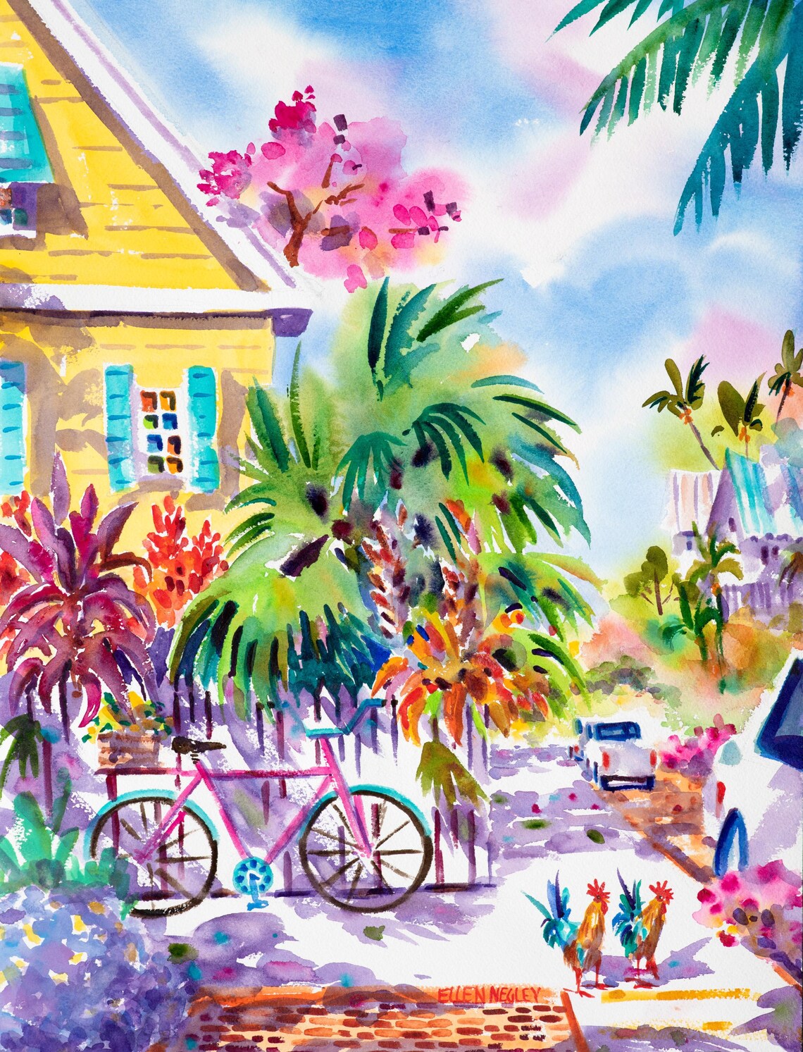 Ellen Negley Key West Bicycle and Rooster Art Print