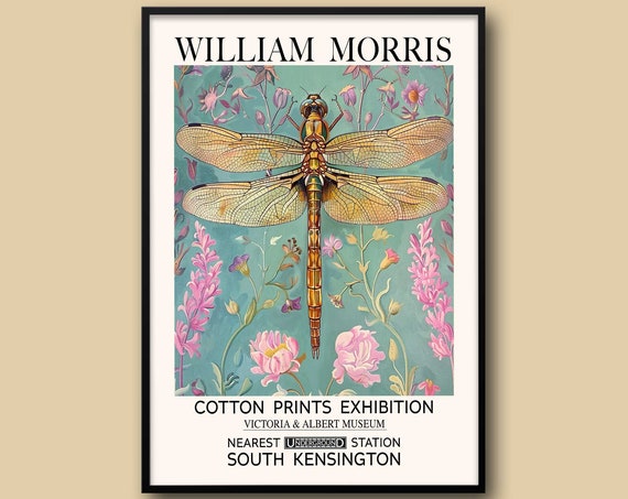 William Morris Dragonfly Print Pink Blue Vintage Flower Print Vibrant Dragonfly Exhibition Poster Living Room Print Classic Textile Print