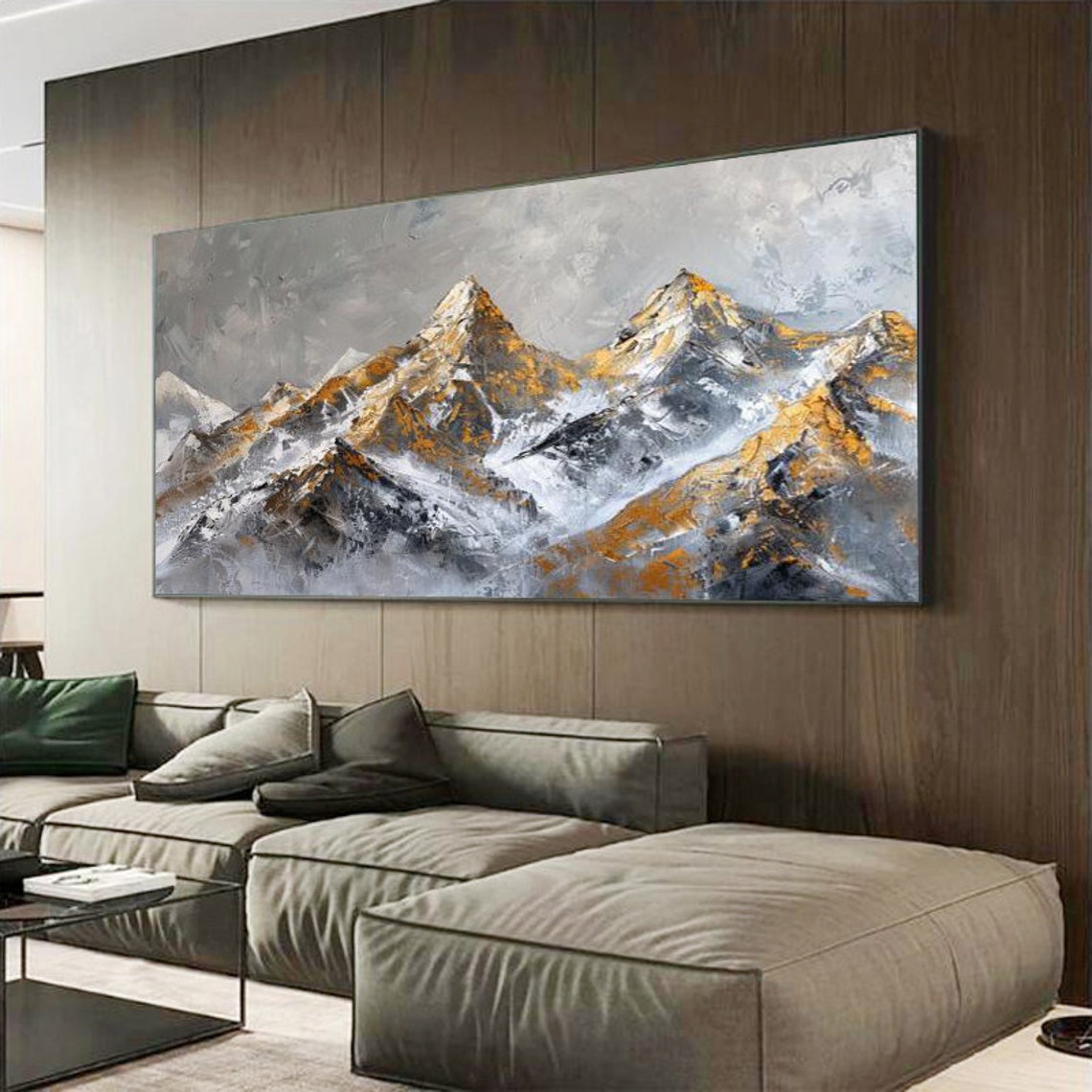 Majestic Golden Snow Capped Mountain Peaks Against Grey Sky Poster - Image 2
