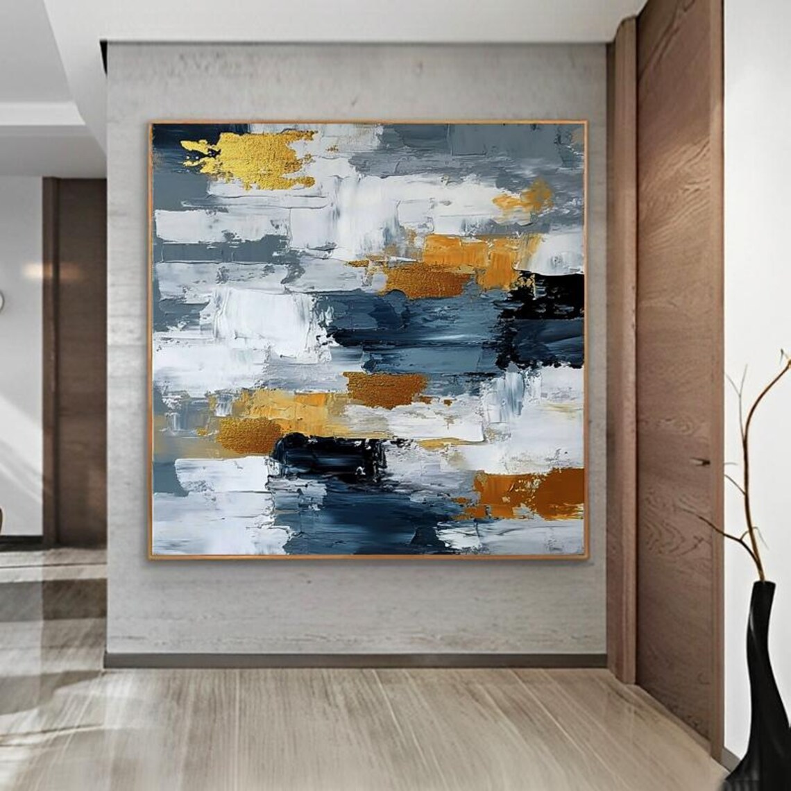 Elegant Grey White and Gold Modern Abstract Oil Painting Poster