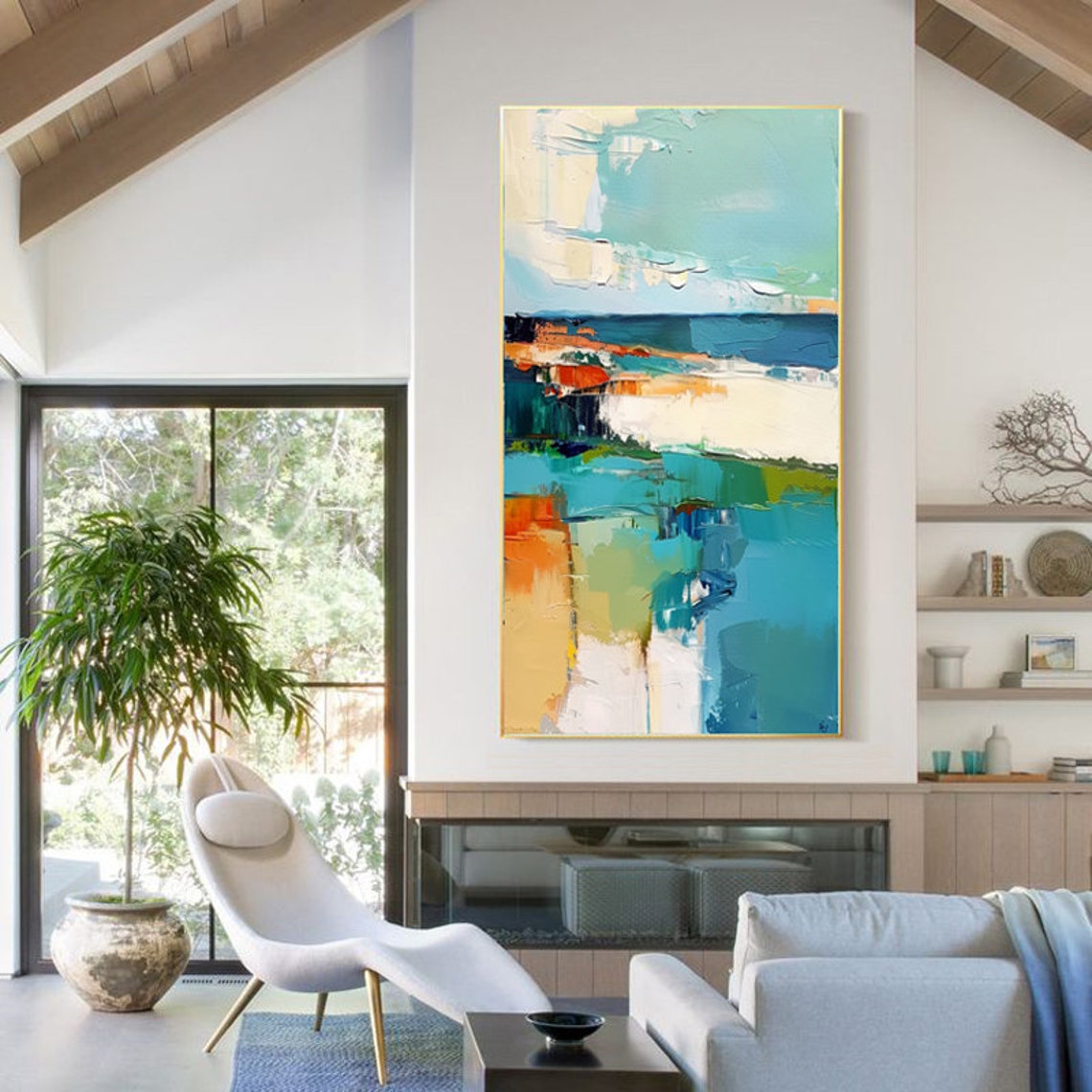 Teal Orange Abstract Landscape Blocks Vertical Painting Poster - Image 4