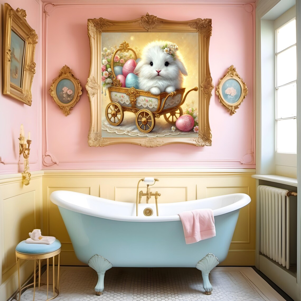 Easter Bunny Golden Carriage Pastel Eggs Flowers Whimsical Spring Poster - Image 2