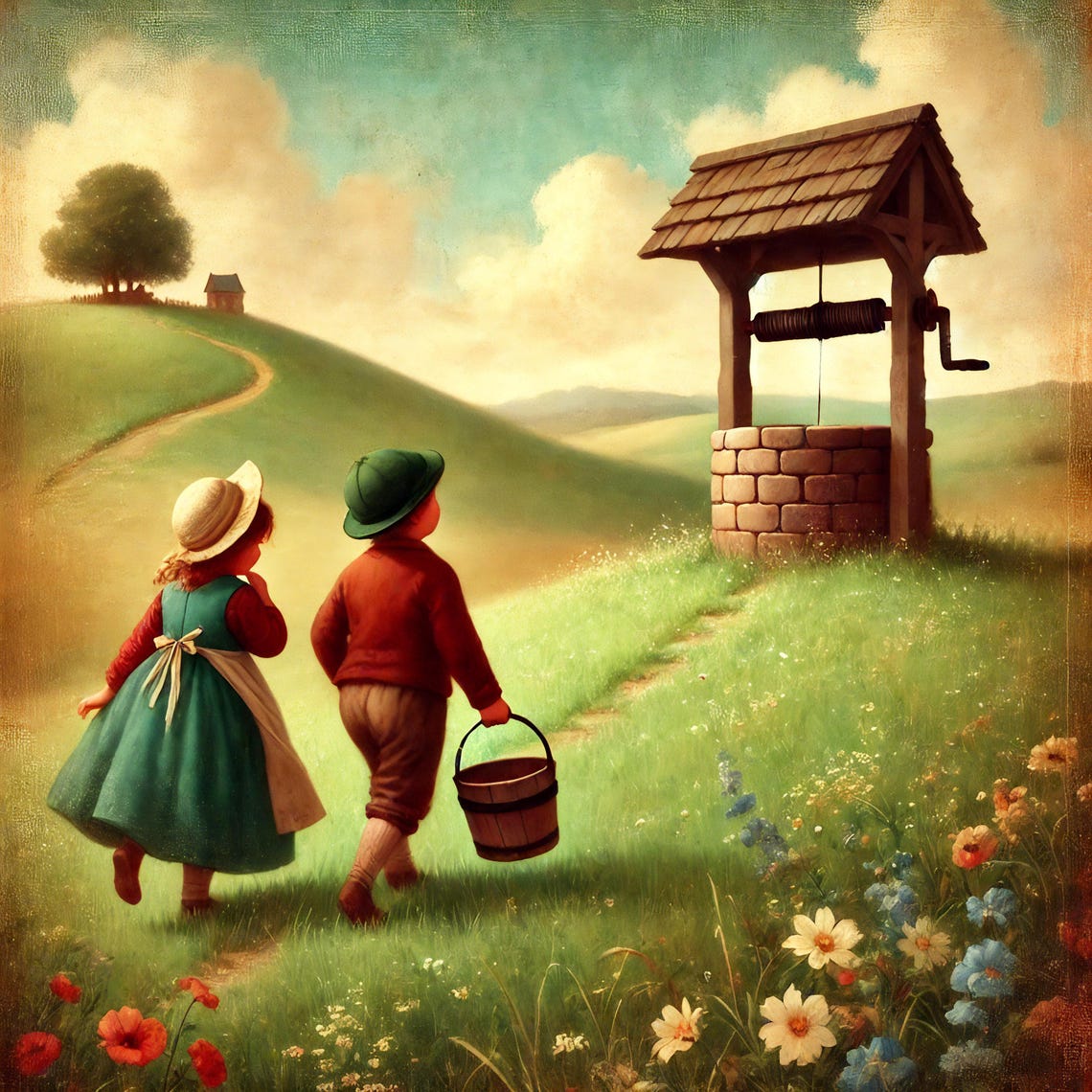 Jack And Jill Nursery Rhyme Hilltop Well Scene Vintage Art Poster