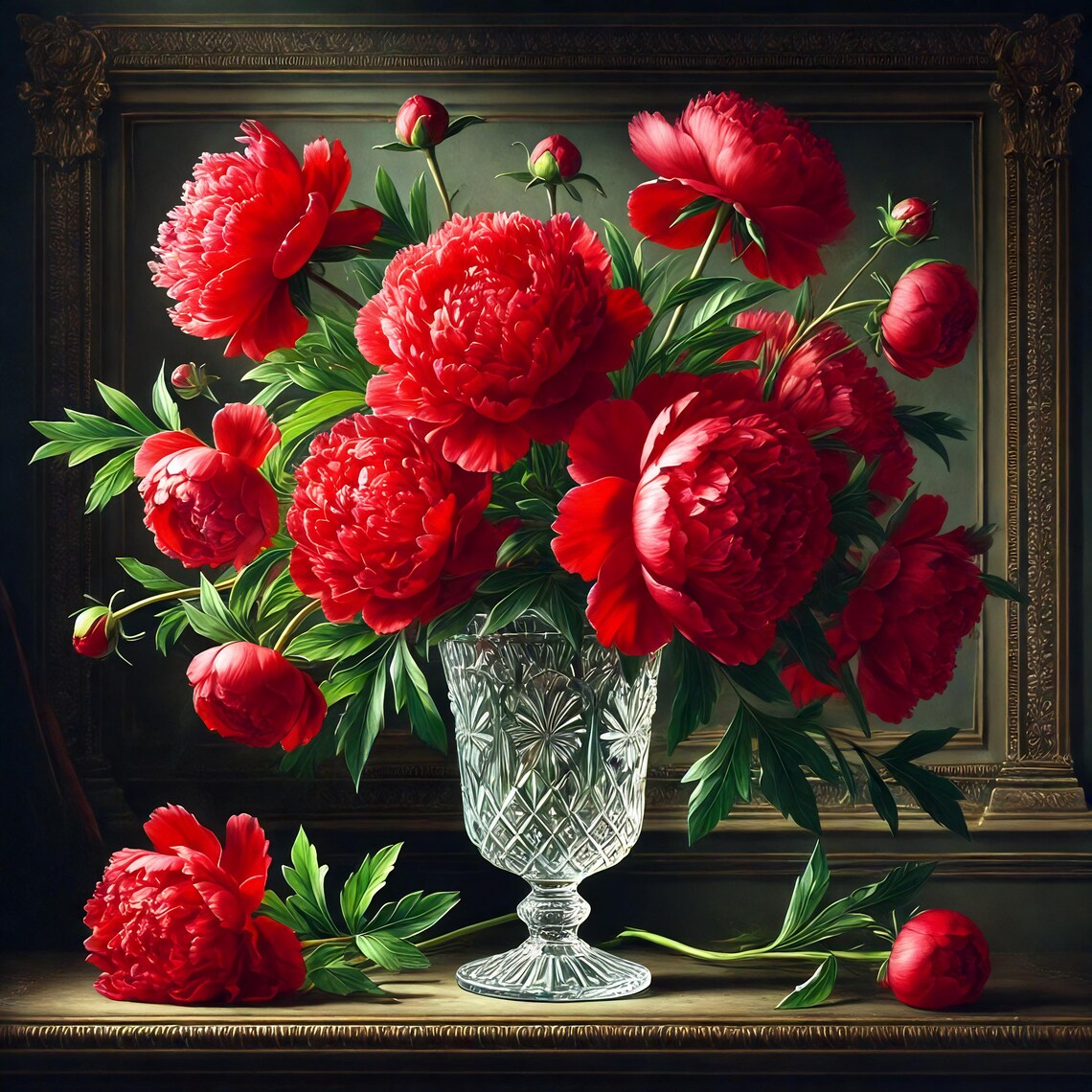 Lush Red Peonies Bouquet in Cut Crystal Vase Floral Still Life Poster