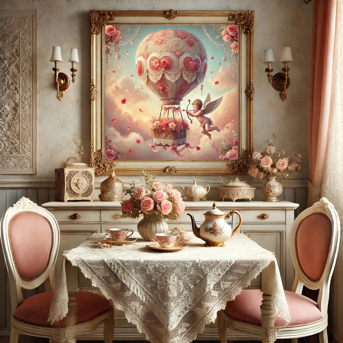 Cupid with Rose Covered Heart Hot Air Balloon Valentine Wall Art - Image 2