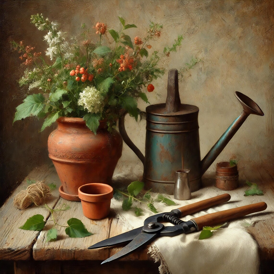 Vintage Gardening Still Life, Rustic Garden Art Print