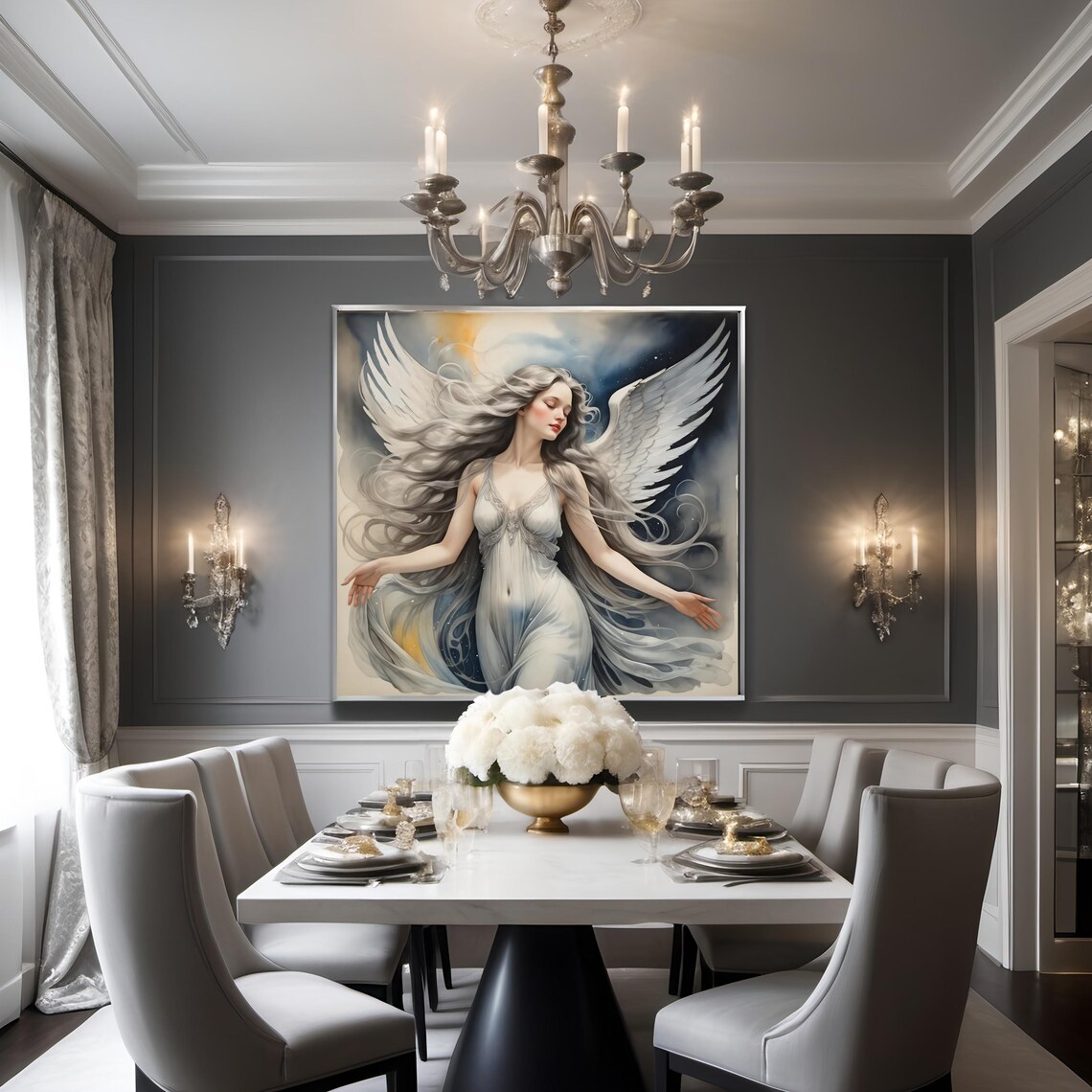 Celestial Angel Silver Wings Ethereal Night Sky Watercolor Print - Image 2