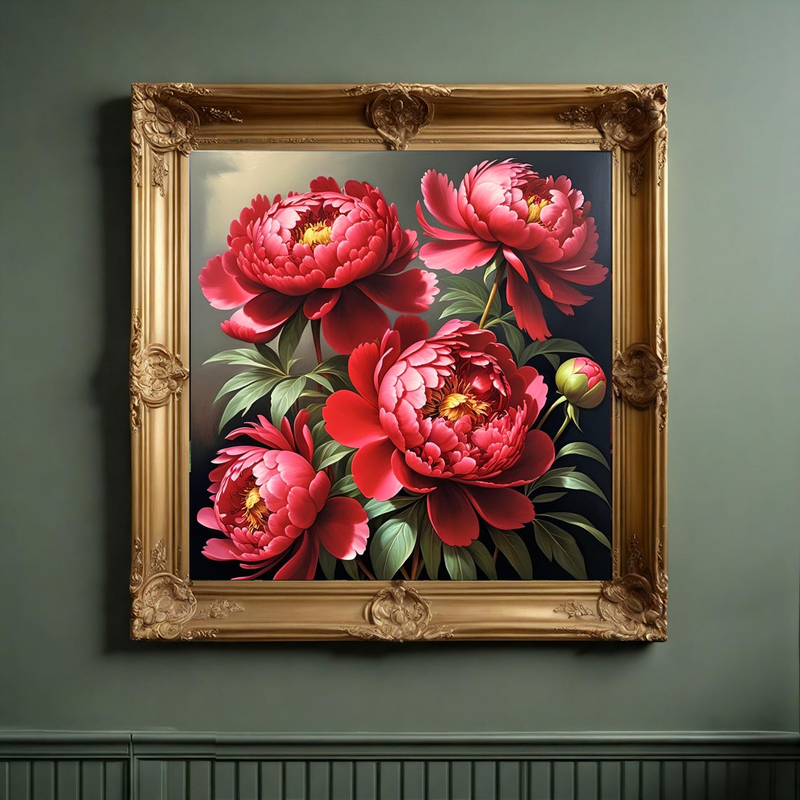 Bold Red Peony Blooms Full Blossom Rich Botanical Floral Poster - Image 3
