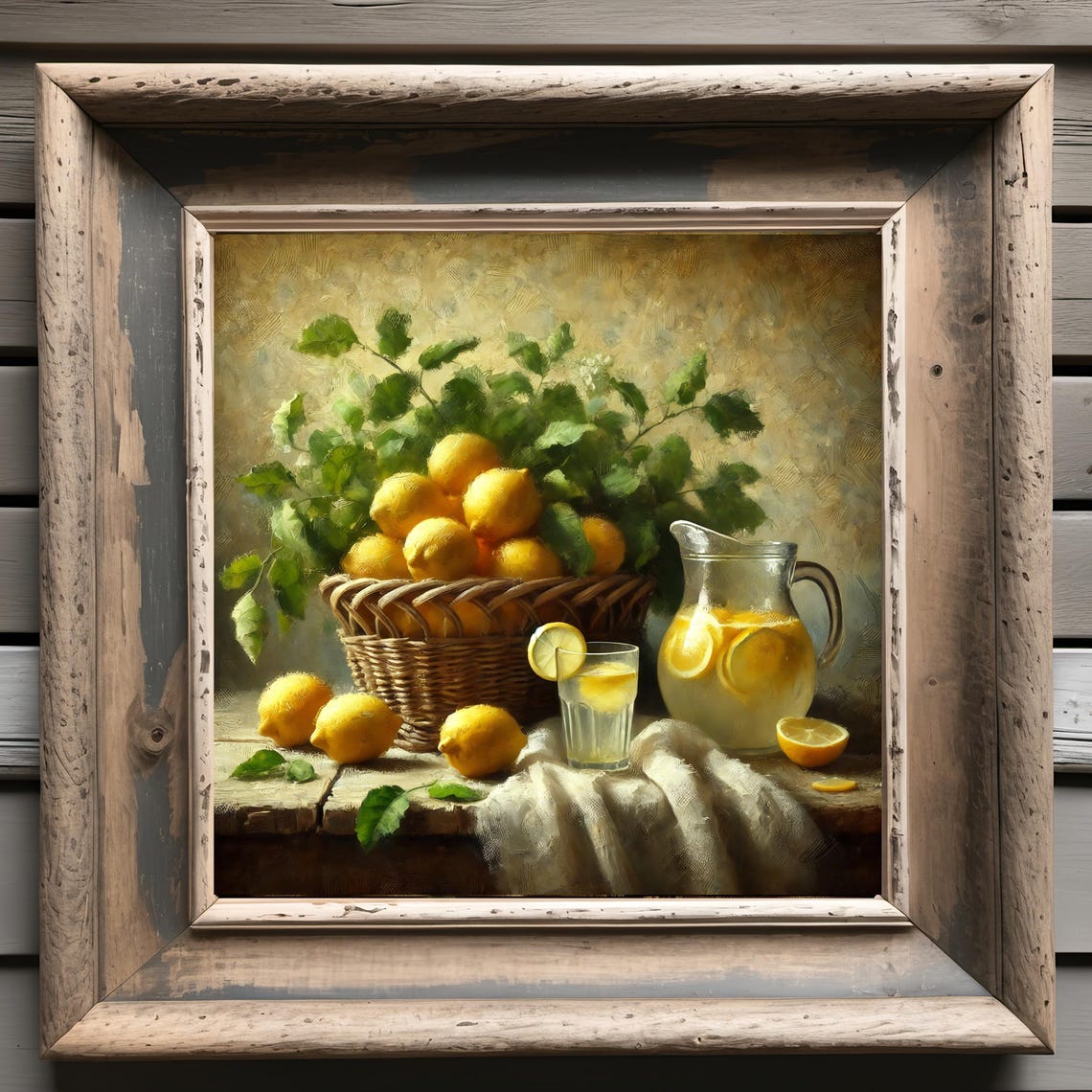 Vintage Lemon Basket with Lemonade Pitcher Rustic Kitchen Still Print - Image 3