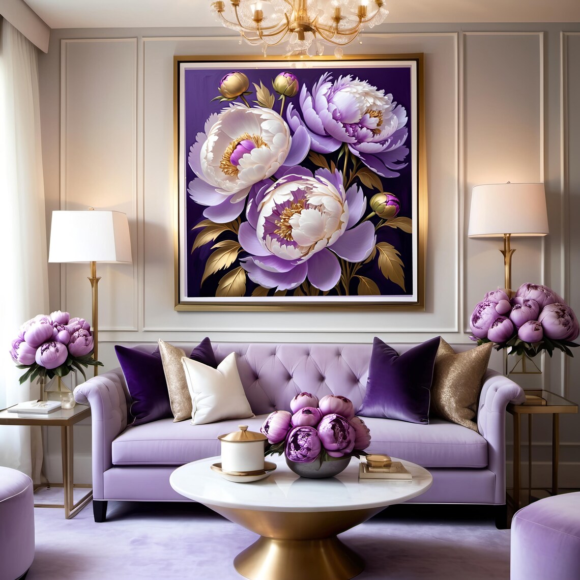 Lavender White Peony Flowers Gold Leaves Dark Moody Art Poster - Image 3