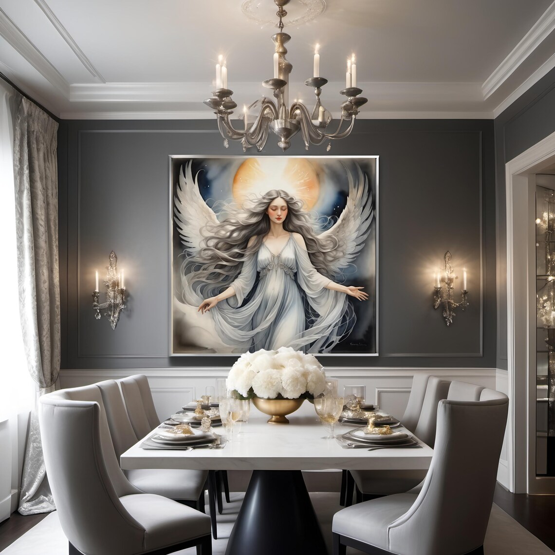 Radiant Angel with Golden Halo Serene Silver Wings Art Print - Image 2