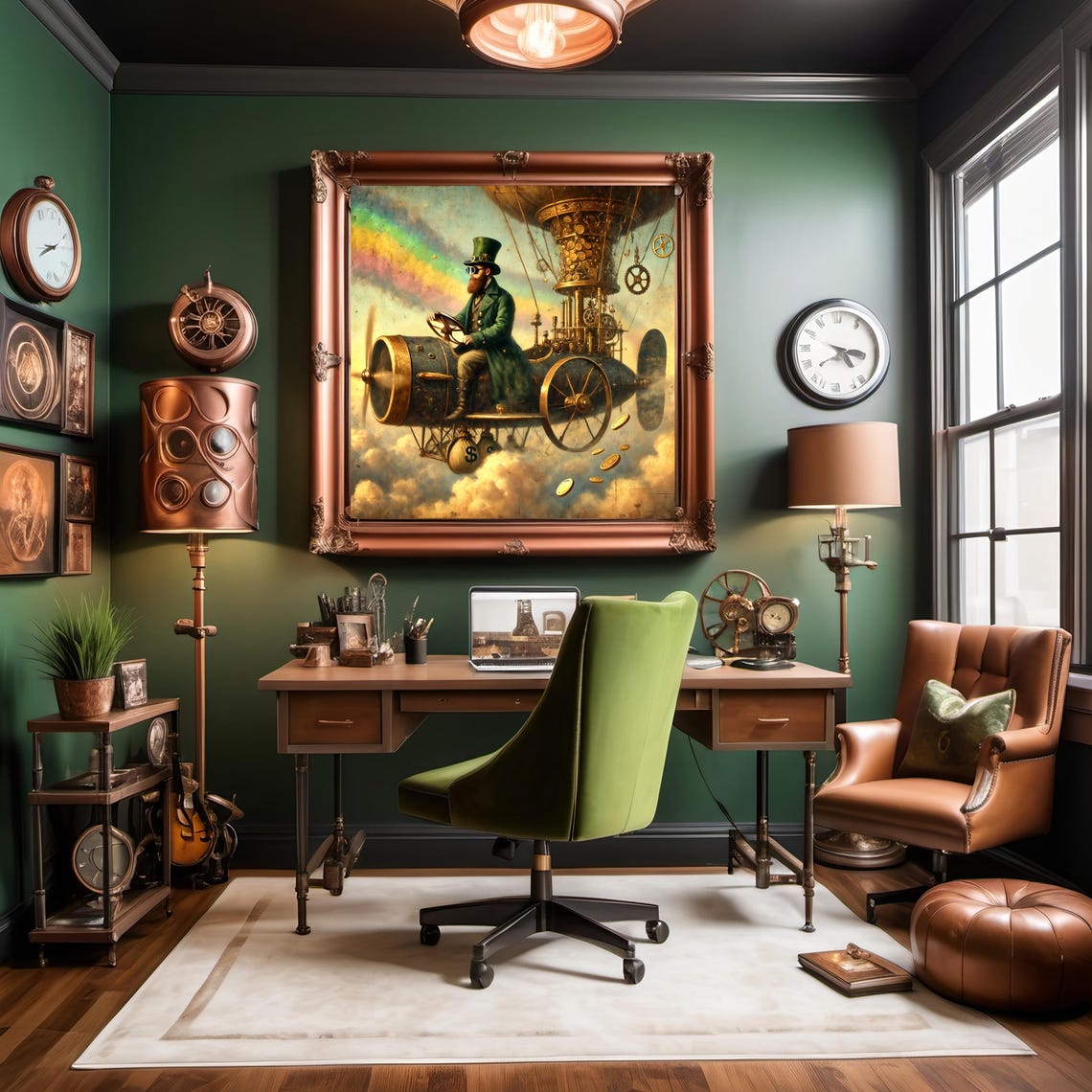 Steampunk Leprechaun Airship Pilot Gold Coins Rainbow Sky Poster - Image 2