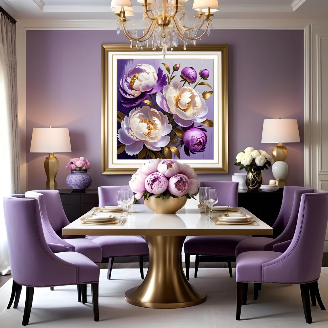 Purple White Peony Bouquet Golden Leaves Regal Floral Art Poster - Image 3