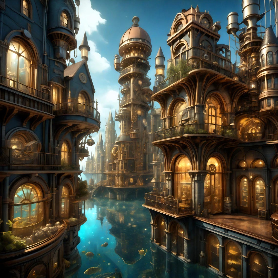 Steampunk Atlantis Inspired City Print Intricate Architecture Wall Art Whimsical Fantasy Decor Nautical Steampunk Gift Idea