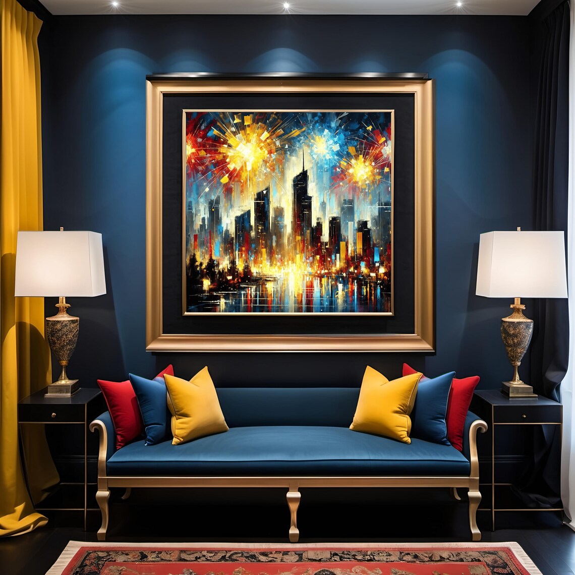 New Year Fireworks Abstract City Skyline Night Celebration Art Poster - Image 3