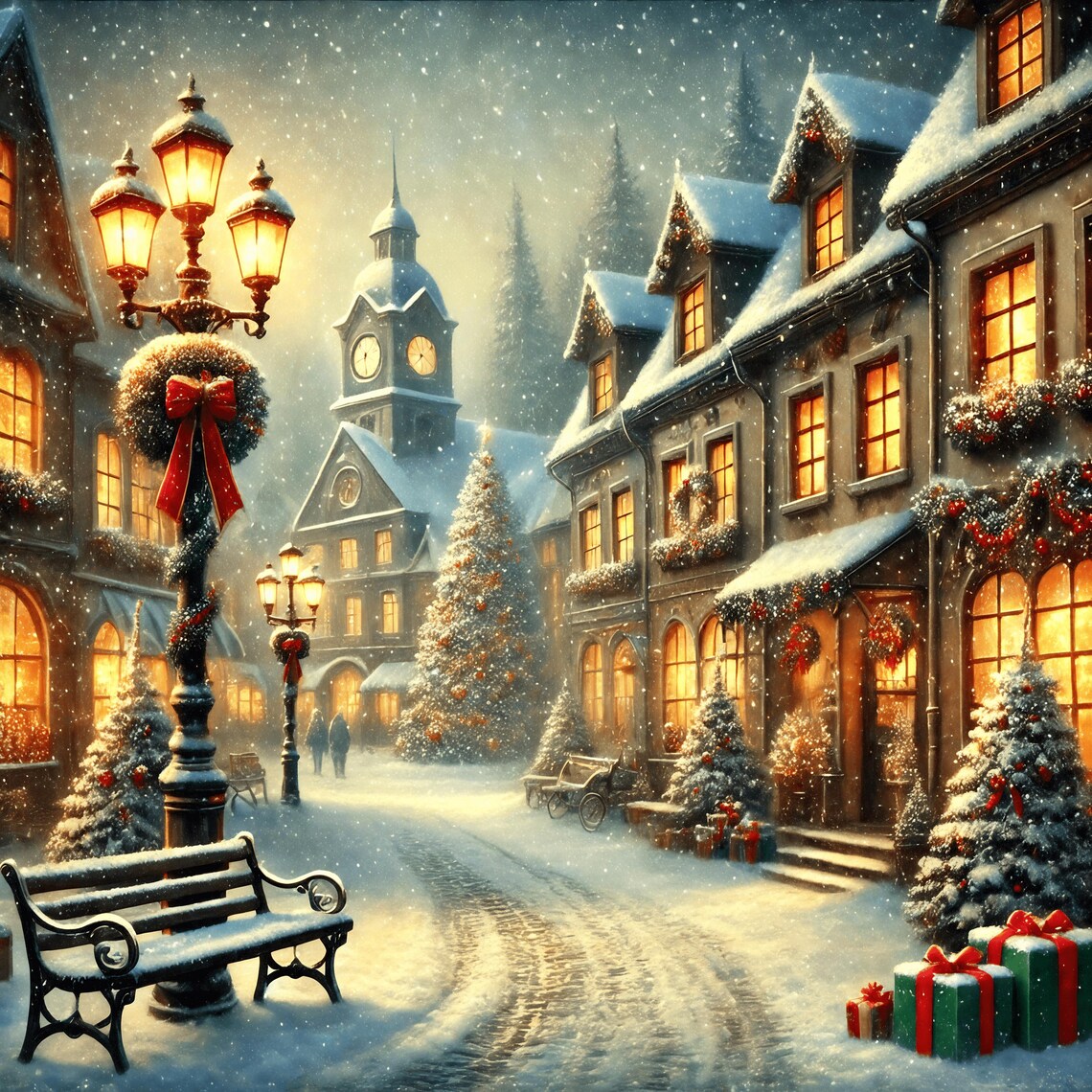 Moonlit Snowy Village Christmas Tree Canal Winter Wonderland Wall Art